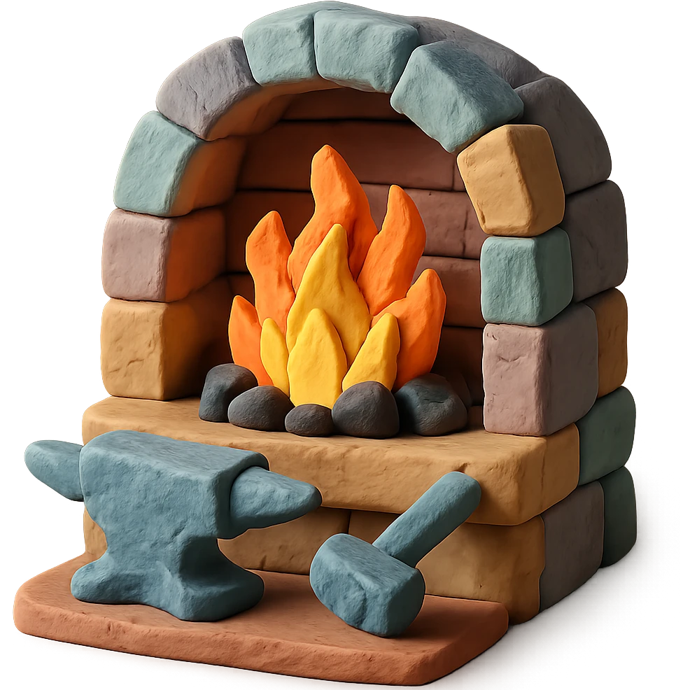 claymation style forge with fire and bricks, visible fingerprints, pastel colors emoji