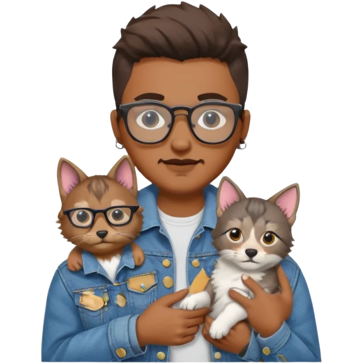Glasses and mustach holding a kitten, the person should be brown and have a wolf cut mullet emoji