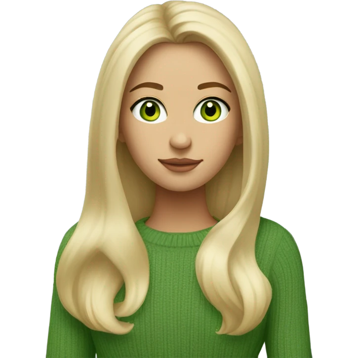 blonde girl with green eyes, smooth skin, sweater, long blow out hair, baddie, middle part emoji