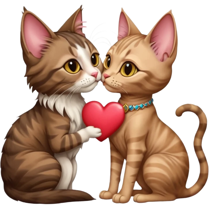 A Maine coon and a sphinx cat of different colours kissing with one love heart in front   emoji
