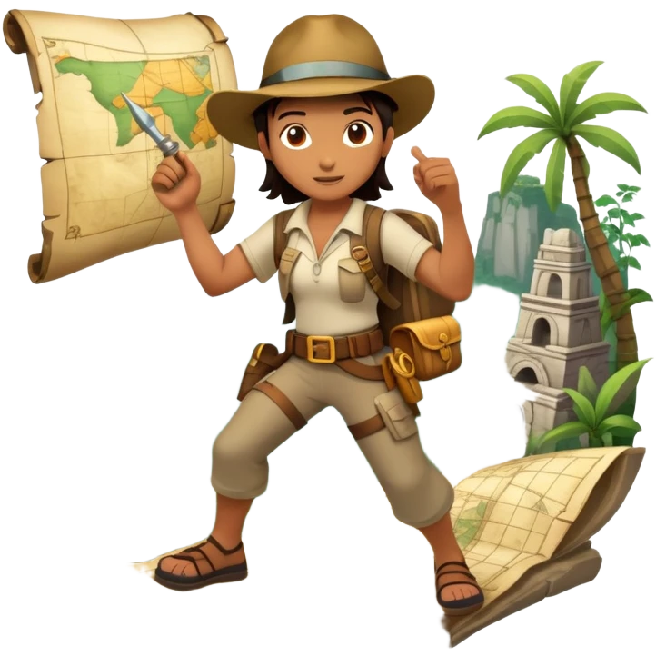 An icon featuring an adventurer in a dynamic action pose with treasure map, ancient ruins and jungle landscapes in the background. The design includes clues, hidden passages and climbing gear, symbolizing the thrill of exploration and discovery. Transparent background. emoji