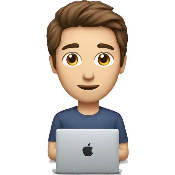 a man typing on a mac with brown hair and haisle brown eyes emoji