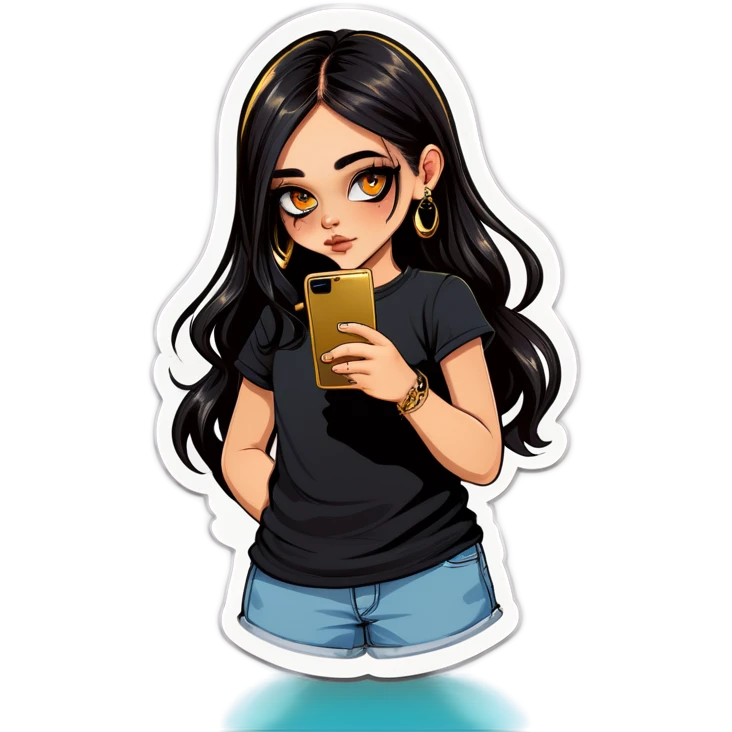 Beautiful young girl with a little with and dark choppy long hair flows as she holds her black phone with a gold septum ring that shines  emoji