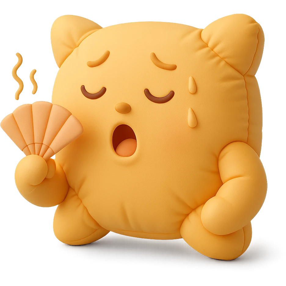 plush cushion face fanning itself, hot weather, stylized and cute, cushion style emoji