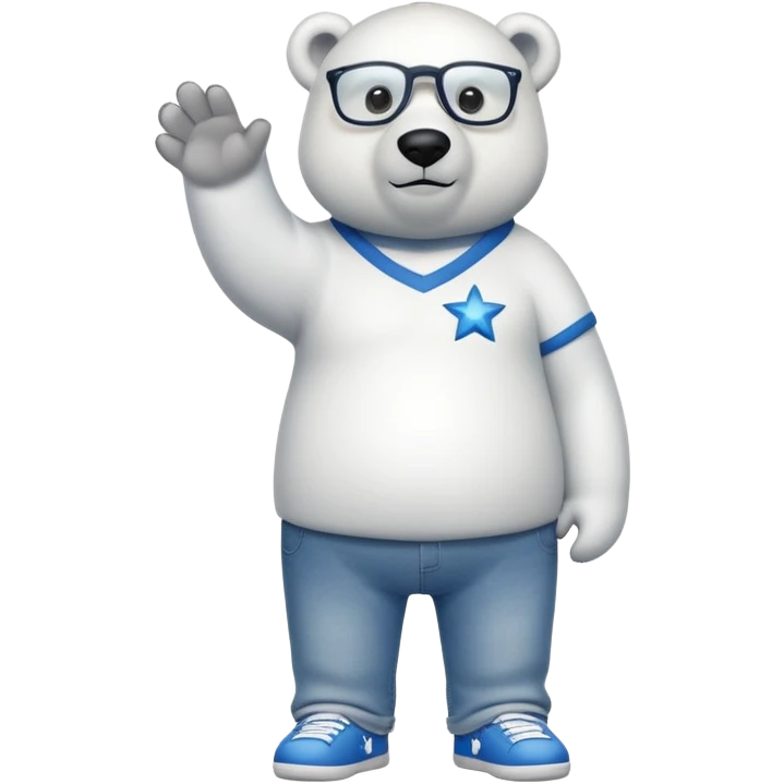 friendly anthropomorphised polar bear standing upright, looking chilled and unbothered, wearing a shirt, jeans, trainers, star-shaped glasses emoji