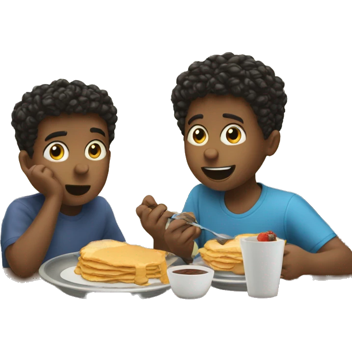 Two young brothers eating breakfast at the table while their dad does their hair  emoji