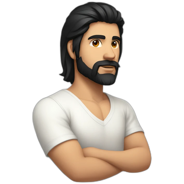white skin indian in plain white shirt with sleeve up and cool medium length black hair and light beard profile image emoji