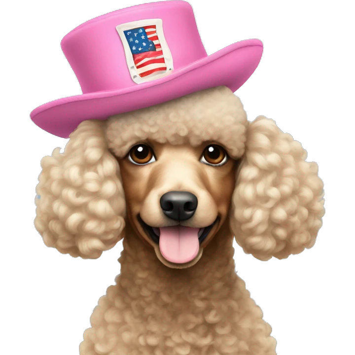 a poodle with pink fur wearing an american revolution style hat emoji