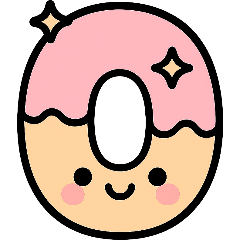 Cute kawaii number 0 shaped like a donut with pastel pink frosting, sparkles, and a blushing cute face on white background emoji