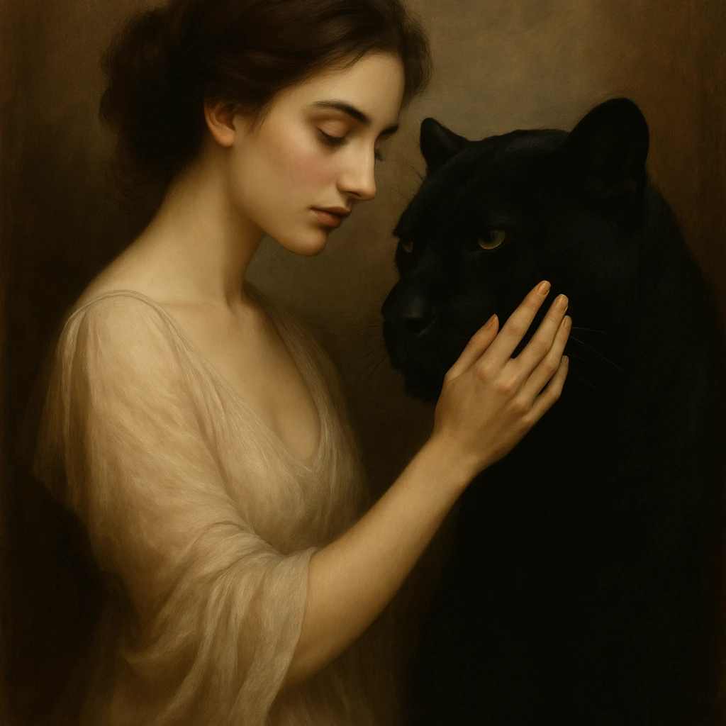 Make the panther black while keeping the woman and background unchanged. Artistic and detailed style. emoji