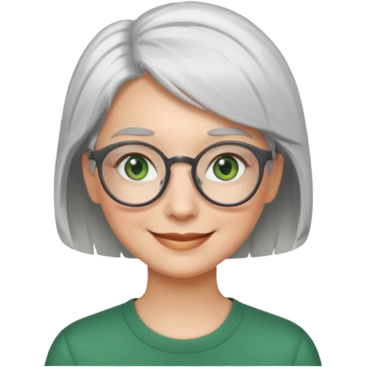 visage femme a lunettes ronde avec cheveux courts gris-blancs aux yeux verts qui souris emoji