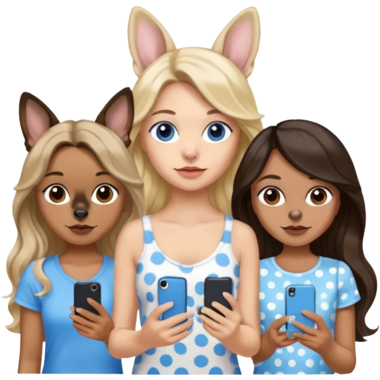 Three women in summer clothes holding iPhones, hazel eyed light skin with dark blonde long hair and Brown eyed,light skin,black long wavy hair, blue eyed light skin long blonde hair with 2 dogs, blue spotted Merle Frenchie and black and tan chihuahua  emoji
