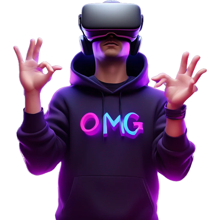 Russian man wearing a black hoodie with "OMG" letters on it and VR headset oculus quest 2 in a cyberpunk VR environment with violet neon lighting. Showing direction with hand emoji