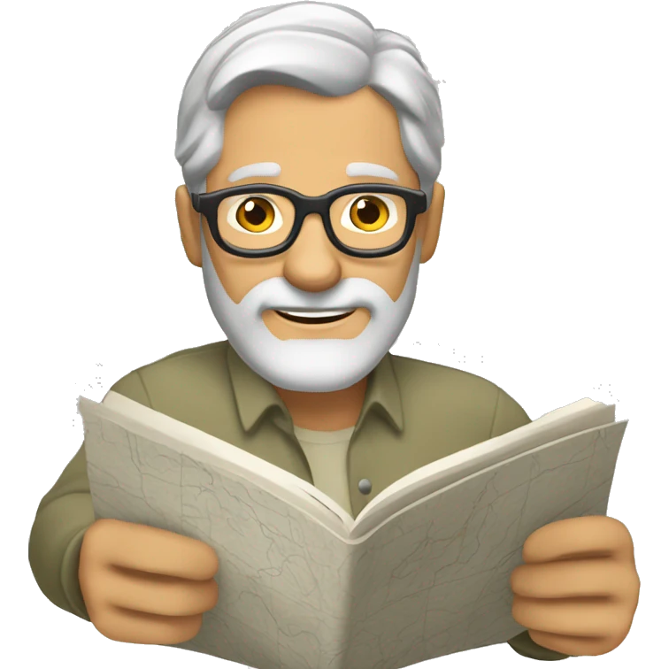 Mature man with tanned skin gray hair and beard and glasses and reading a map emoji
