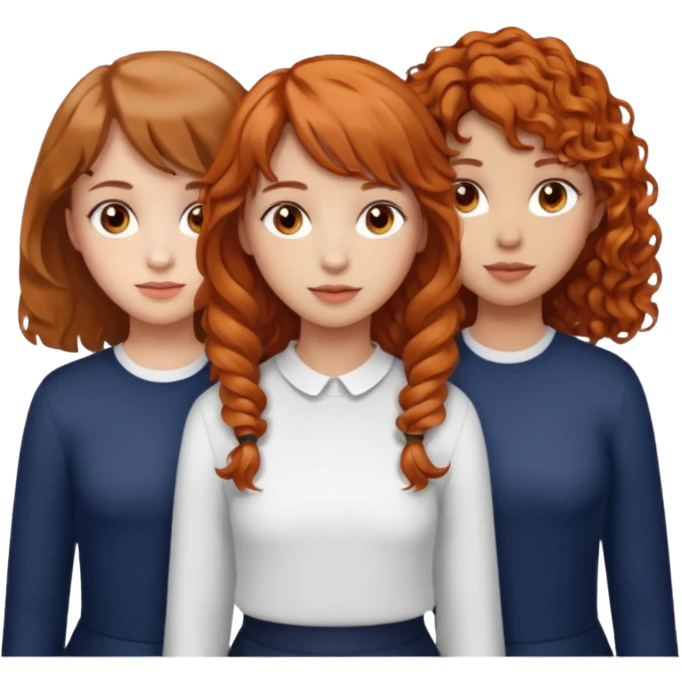 three girls standing side by side, left girl light skin curly brown hair brown eyes, center girl light skin wavy orange hair light brown eyes, right girl light skin light brown hair with bangs brown eyes emoji