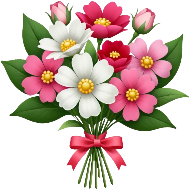 One pink flower and one white flower in transparent bouquet with red band  emoji