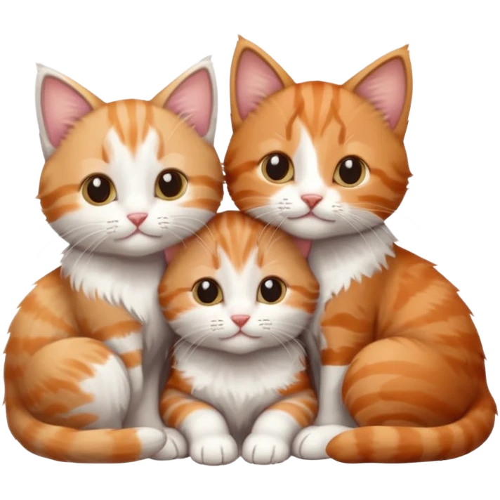 3 kittens cuddling together all different colours, the first one is grey and white, the second is ginger and white and the third is brown tabby and white emoji
