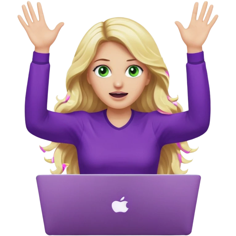 lady with long wavy blonde hair, purple top, green eyes, throwing her with a purple mac laptop hands in the air crying emoji
