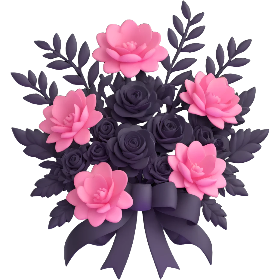 minimal 3D gothic bouquet with ribbon, pink and black flowers, simple and dark emoji