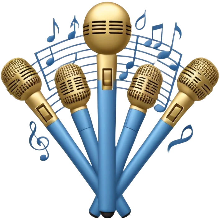 Create a harmonious and elegant emoji that represents choral singing. The design should feature multiple microphones arranged in a semi-circle, symbolizing a choir. Add musical notes flowing around to represent the harmony and unity of the voices. Include subtle elements like sheet music or a conductor's baton to reflect the organized aspect of choral performance. Use colors like gold, silver, and soft blue to evoke a sense of togetherness, professionalism, and grace. The background should be transparent. emoji
