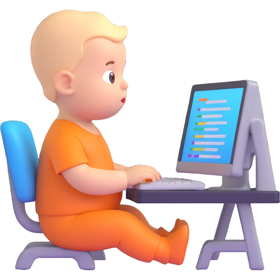 a baby sitting in front of a computer monitor, typing, surrounded by colorful code snippets emoji