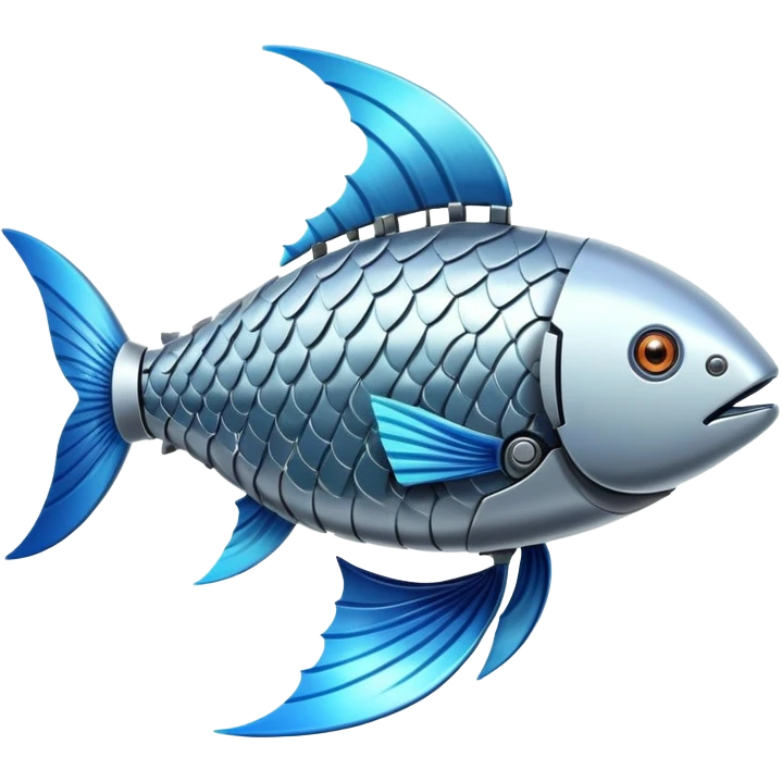 fish with natural upper body and robotic lower body, metallic robot fins and tail emoji