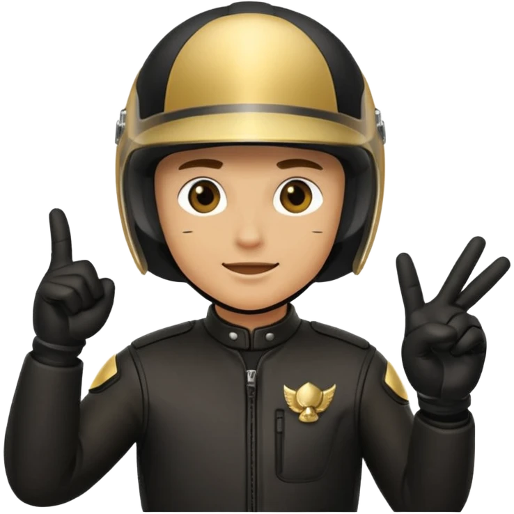 A motorcyclist in a black helmet with a golden visor flipping the bird emoji