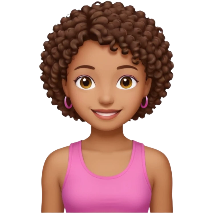 Uma menina com o cabelo cacheado curto é morena, e com uma regata rosa emoji