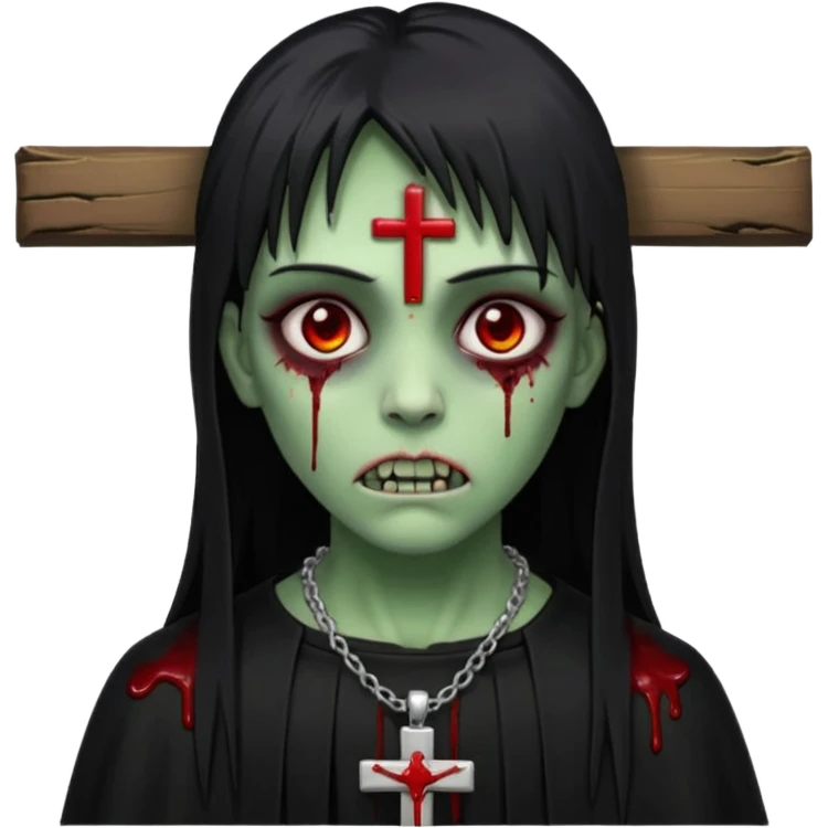 zumbi verde com olhos vermelhos sangrando e franja roupa preta e um crucifixo como colar emoji