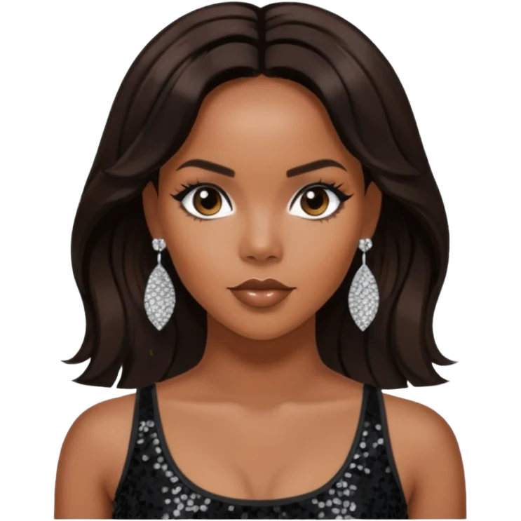 LeToya Luckett with long dark brown hair, black sequin crop top, black earring emoji