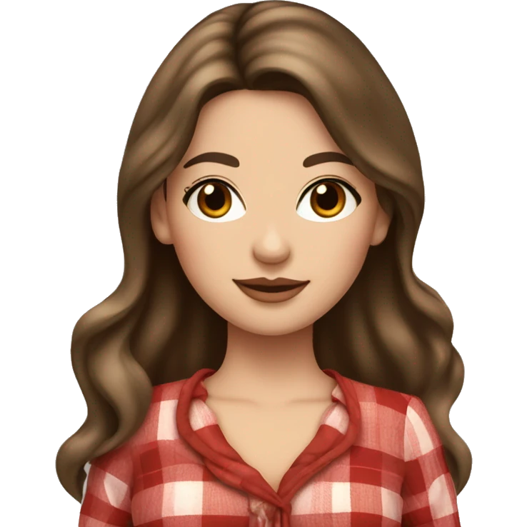 Pretty peach skin brunette woman with long hair and rosy cheeks in red plaid babydoll dress emoji