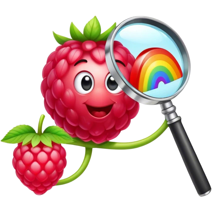 a raspberry holds a rainbow colored magnifier with its budding from handle of magnifier emoji