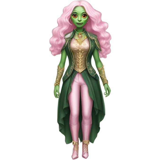 a green amazon alien woman in Victorian white gold pink hair full body  emoji