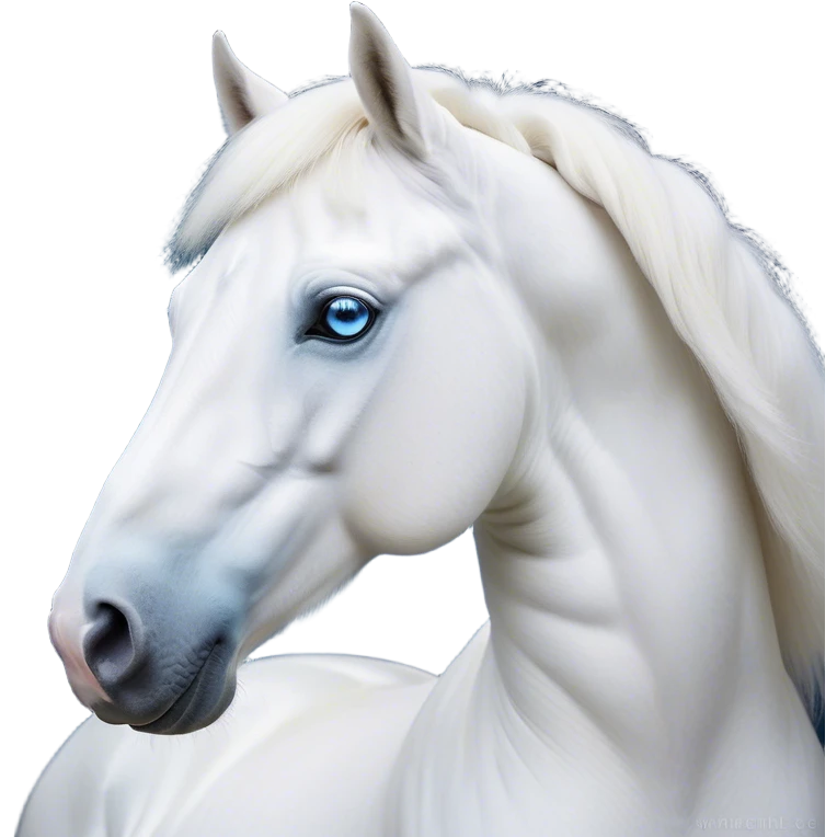 Cinematic Noble White Horse Portrait Emoji, Poised and regal, with a strong, athletic build and a pristine, well-groomed pure white fur, deep-set soulful blue eyes, Simplified yet sharp and sophisticated features, highly detailed, glowing with a soft, dignified glow, high shine, intelligent and majestic, stylized with an air of ethereal grace, focused and attentive, soft glowing outline, capturing the essence of a watchful and confident steed, so majestic it feels as though it could gallop out of the screen with effortless authority! emoji