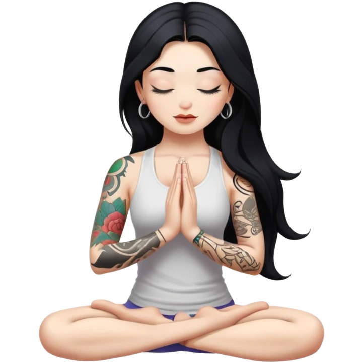 Yoga posing girl with white skin, long black hair and eyes closed, with just left arm tattooed emoji