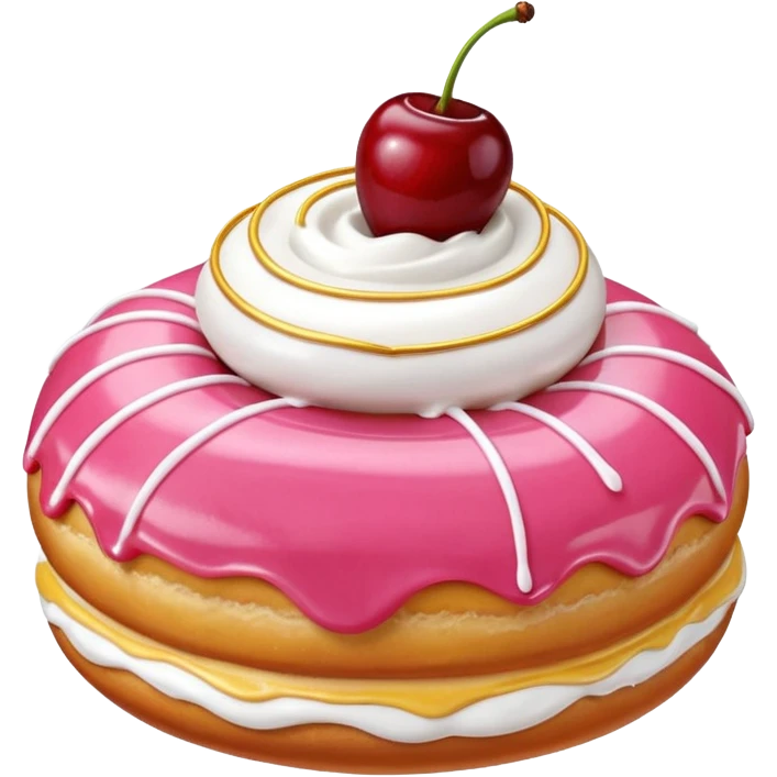 Round donut with smooth shade pink icing and thin white drizzle lines, golden-brown dough visible on the sides.
White whipped cream dollop in the center topped with a glossy red cherry and stem, clean studio lighting, pure white background, realistic minimal emoji-style. emoji