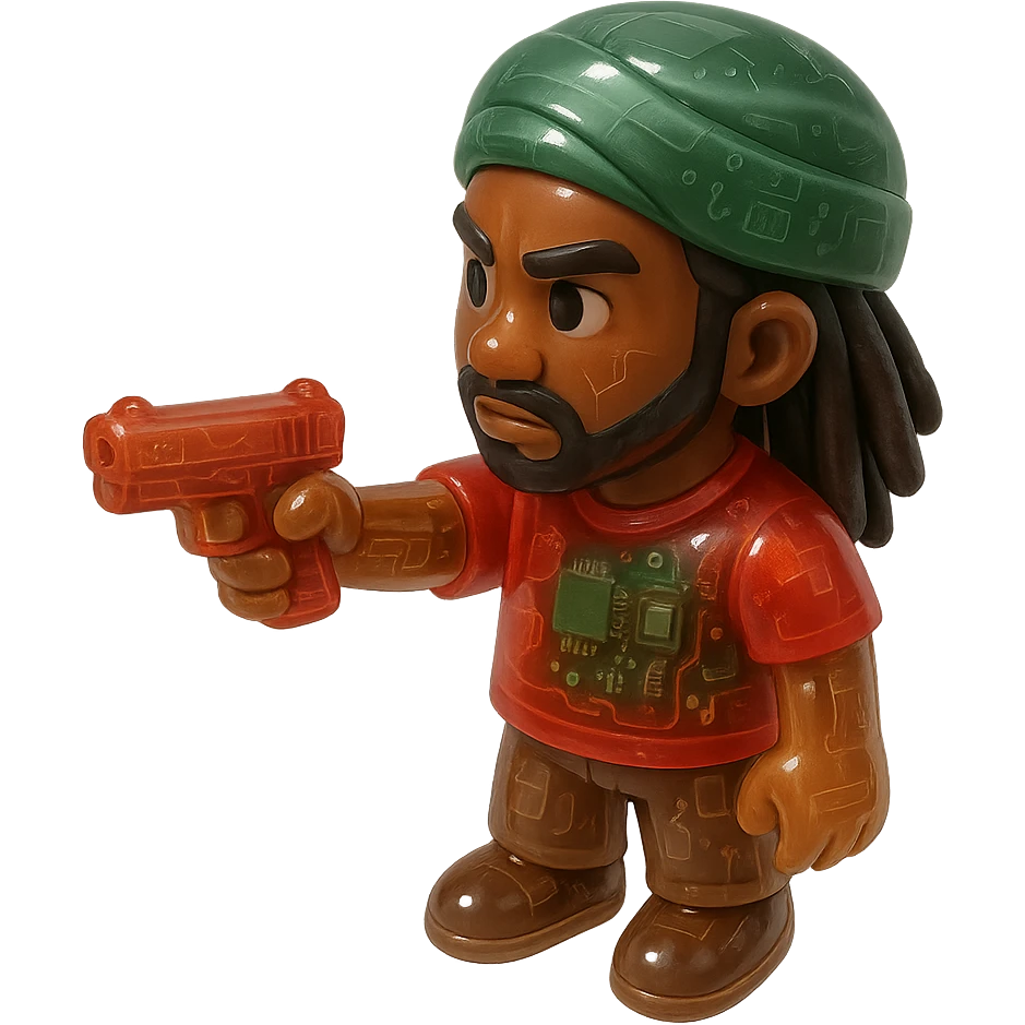Brownskin man with long brown dreadlocks 
red t-shirt 
green turban 
expression is pointing a a gun emoji