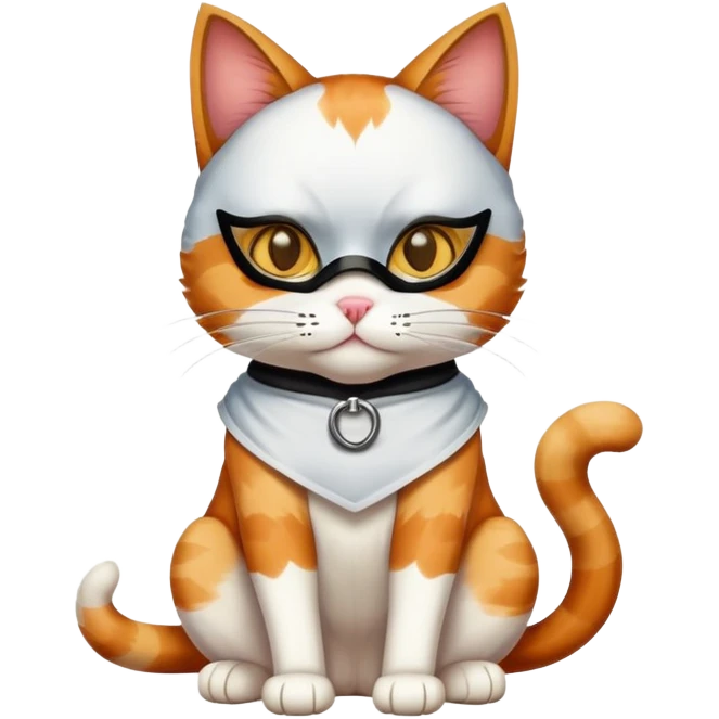 calico cat full body sitting with a mask emoji