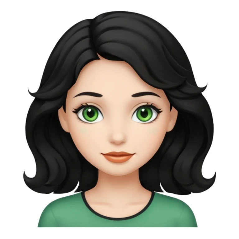 A girl with green eyes, black wavy hair with clean girl make up emoji
