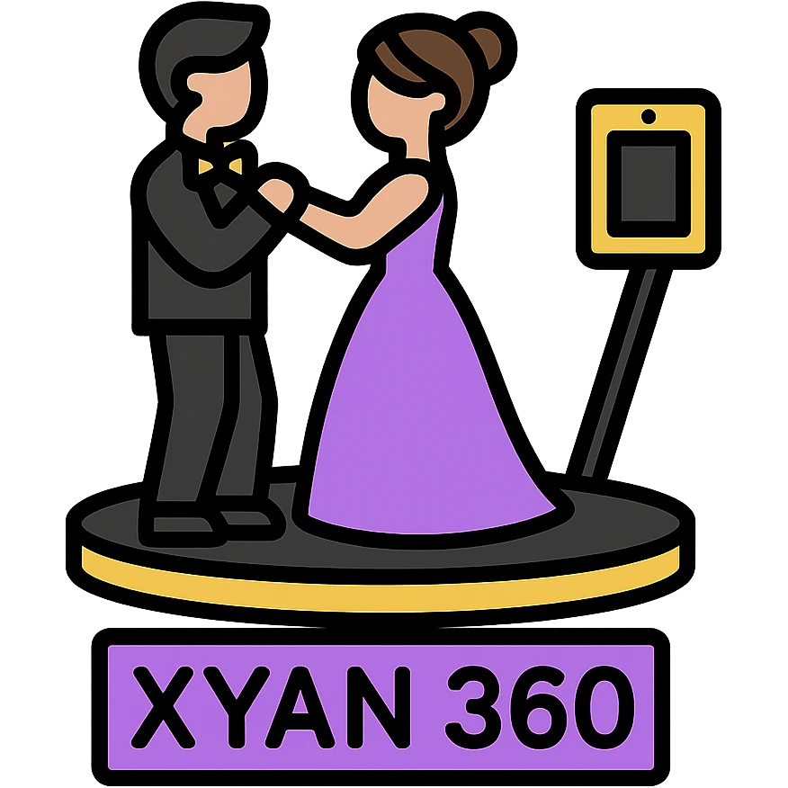 small simple icon of a bride and groom dancing on a 360 spin booth with an iPad as the camera for the booth, 'Xyan 360' signage, purple gold and black accents, luxury wedding event style emoji