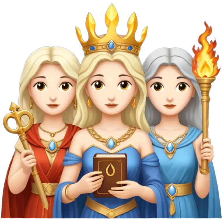Three goddesses. one with a key, one with a torch, one with a book and a moon on it.  emoji