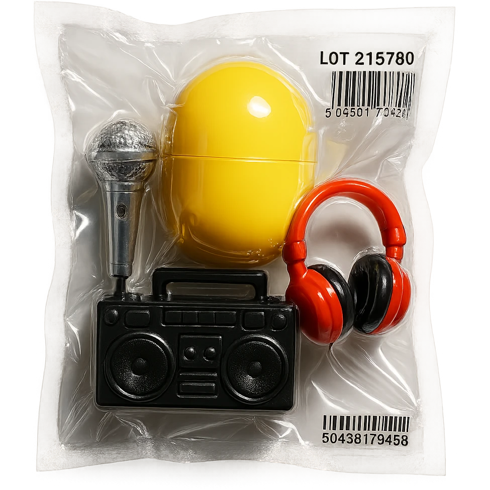 Kinder Surprise egg opened showing toys: microphone, boombox, headphones, shiny and inflated vacuum-sealed style emoji