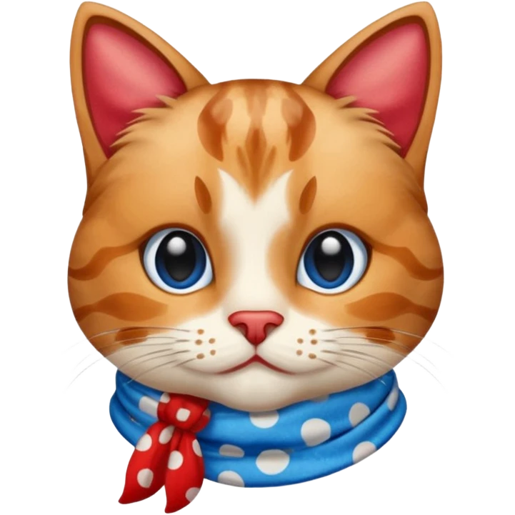 Apple Emoji-style cat head with calico fur pattern, no glasses, red scarf with white polka dots, and large blue eyes. The emoji should only feature the cat's head with no additional body parts. emoji