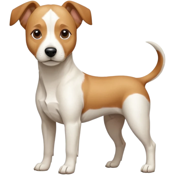 a full body facing front on of a buff white beagle cross jack russell terrier looking dog the size of a kelpie with light brown long ears resting on its face and a light brown patch above one eye and a large snout. the rest of the dog is completely white.  emoji