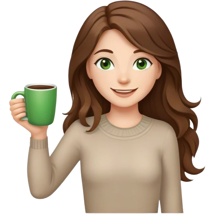 Long, Brown haired girl with middle hair part, with green eyes, smiling, waving with one hand, coffee mug in the other emoji