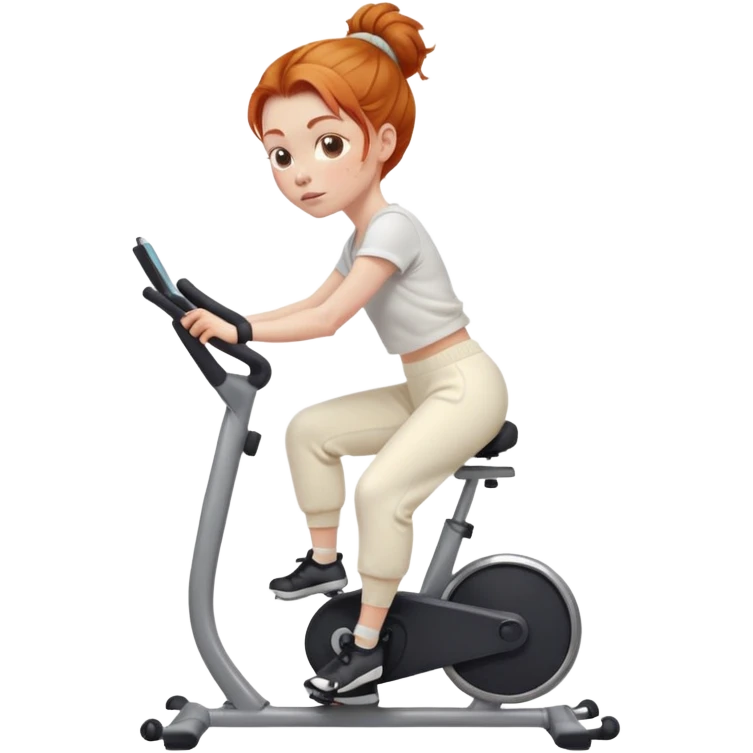 Fit Ginger girl big head messy bun riding stationary bike cream sweatpants emoji