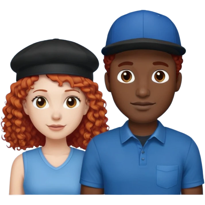 a couple a white woman with red curly hair and a black man in a blue shirt and black cap emoji