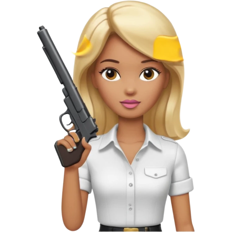 Brown skin blonde hair barbie wearing white shirt holding a black gun emoji