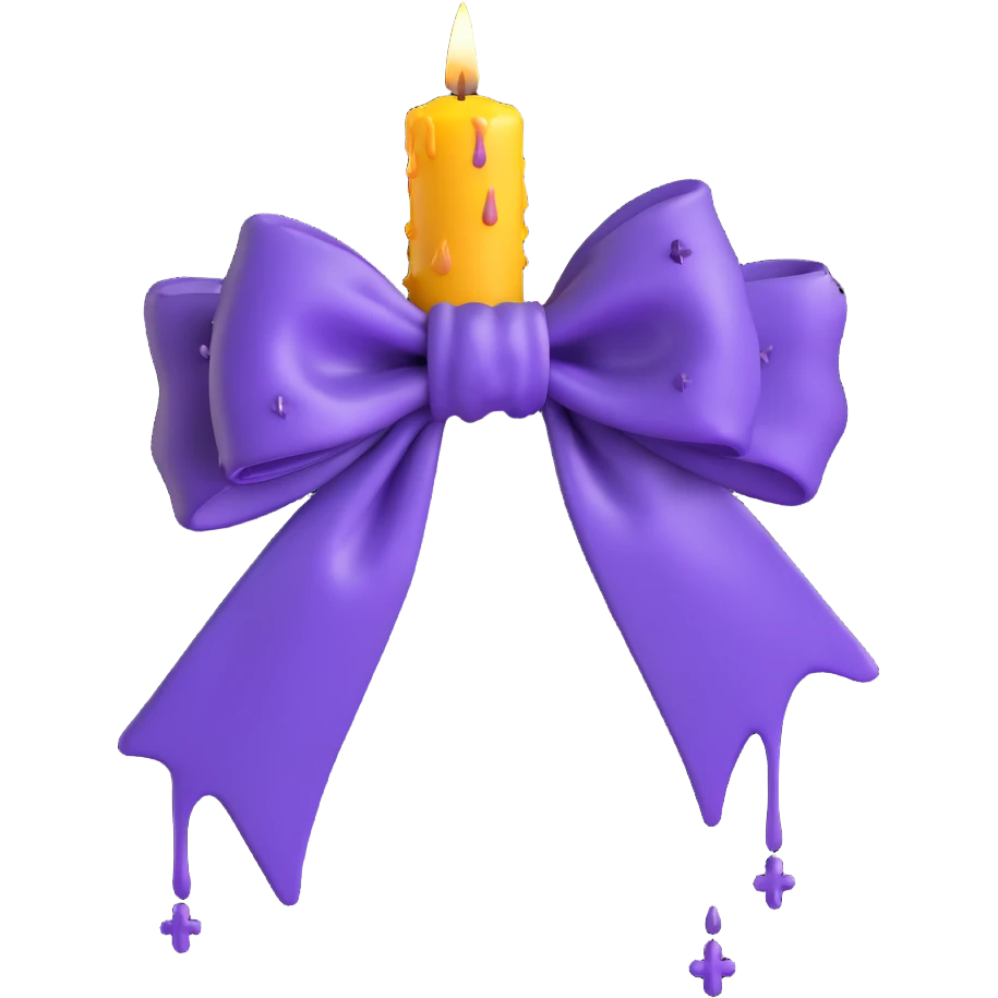 3D emoji gothic bow with dark purple silk, dripping candle wax effect, and tiny silver crosses emoji