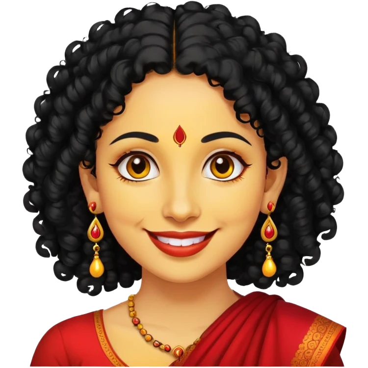 "- Phụ nữ
- 35 tuổi
- Da vàng
- Tóc đen xoăn nhẹ
- Có chấm đỏ Bindi, đeo khuyên tai
- Mặt cười
" emoji
